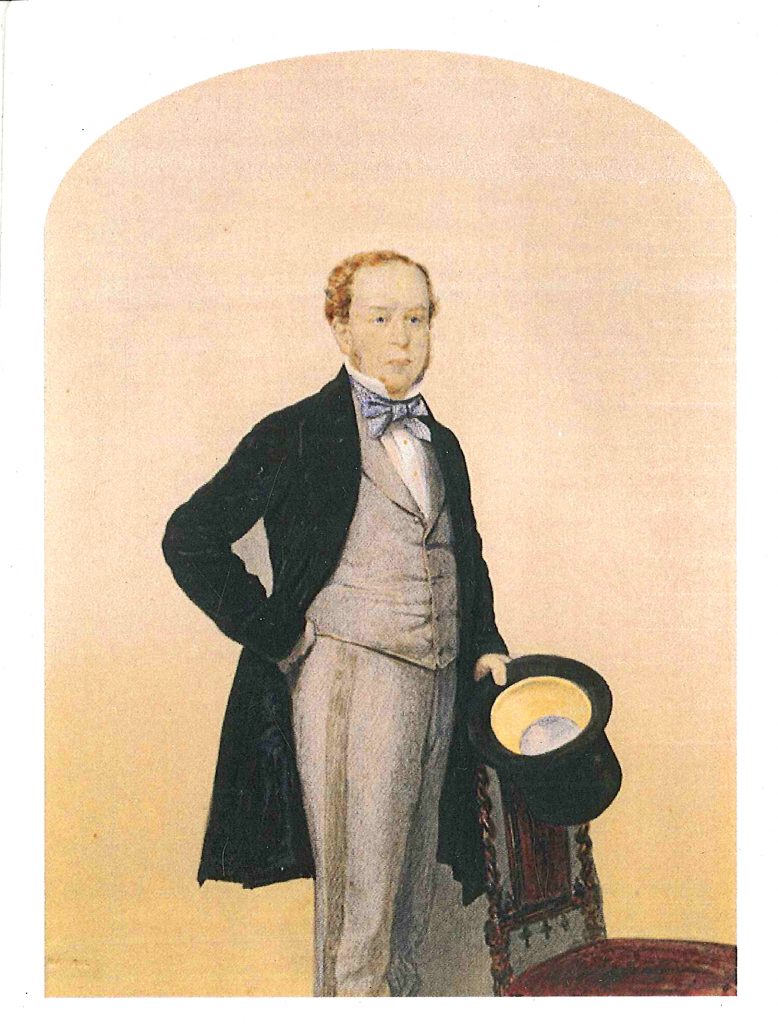 A portrait of William Salt shown standing with a top hat in his hand.
